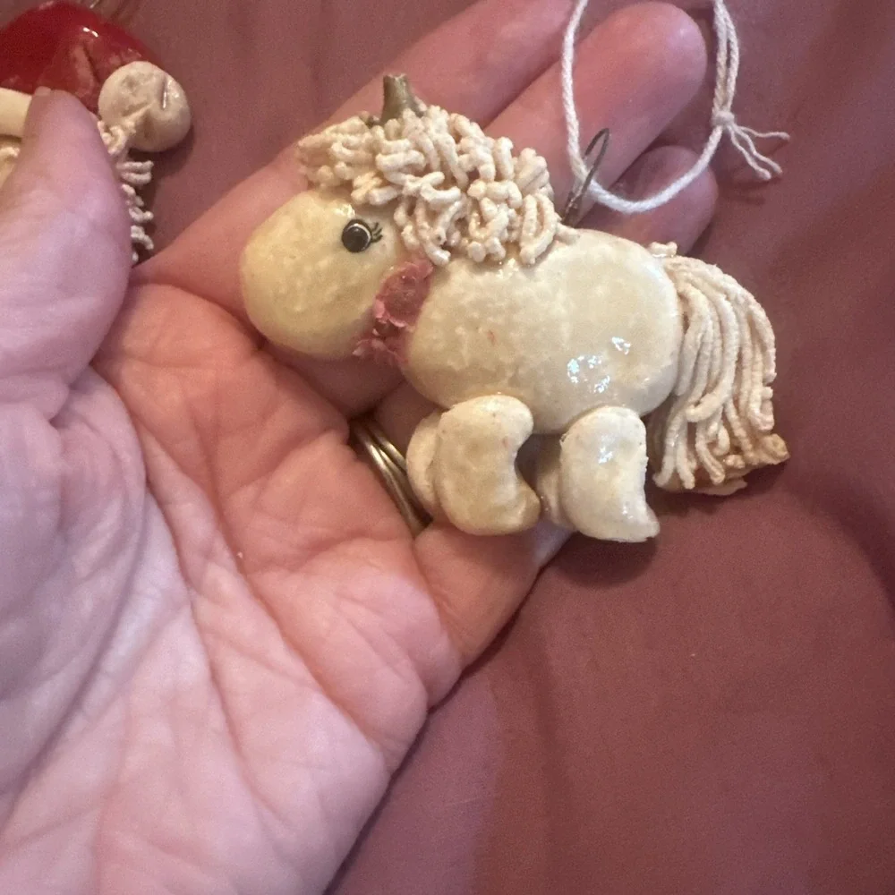 4 Vtg Salt Dough Polymer Christmas Ornaments Santa Goose Unicorn Rocking Horse